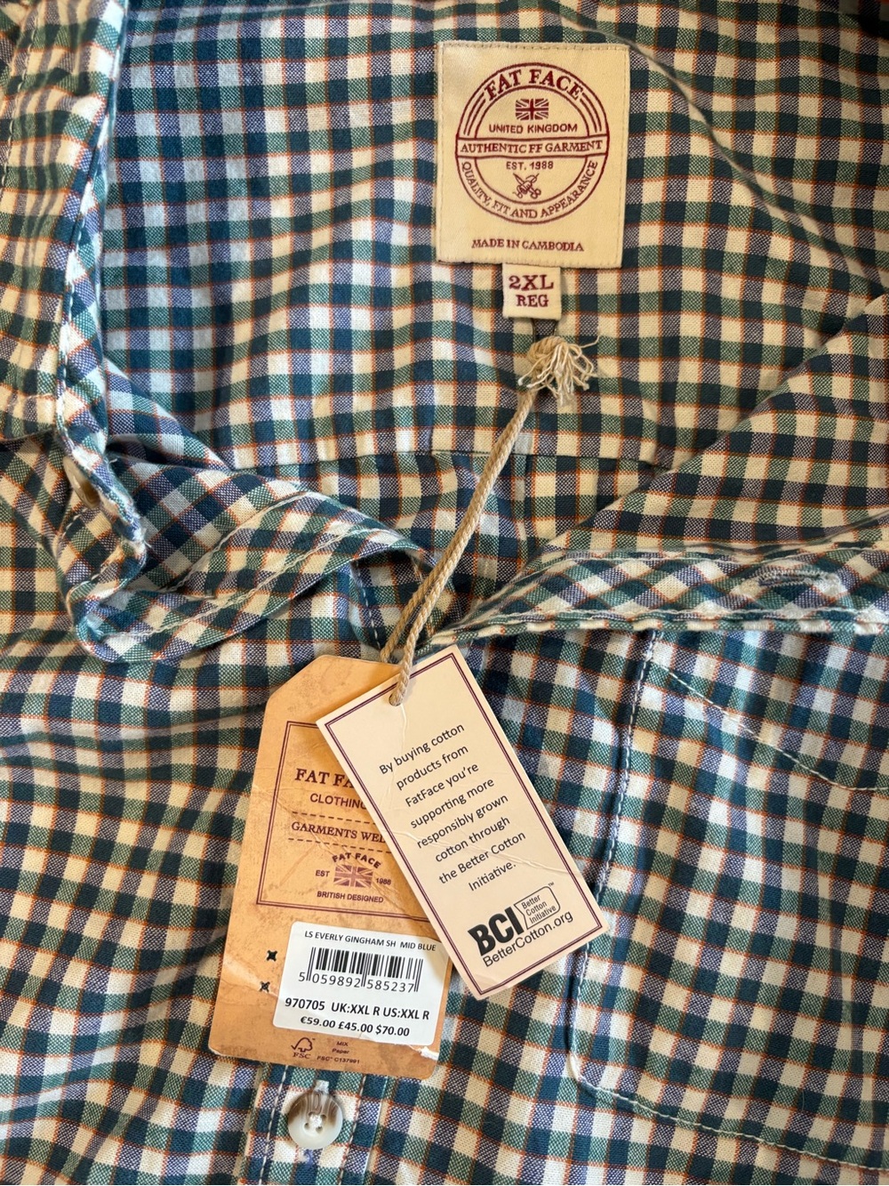 Men's Cotton Casual Green & White Gingham Button-Down Shirt 2XL - Picture 6 of 8